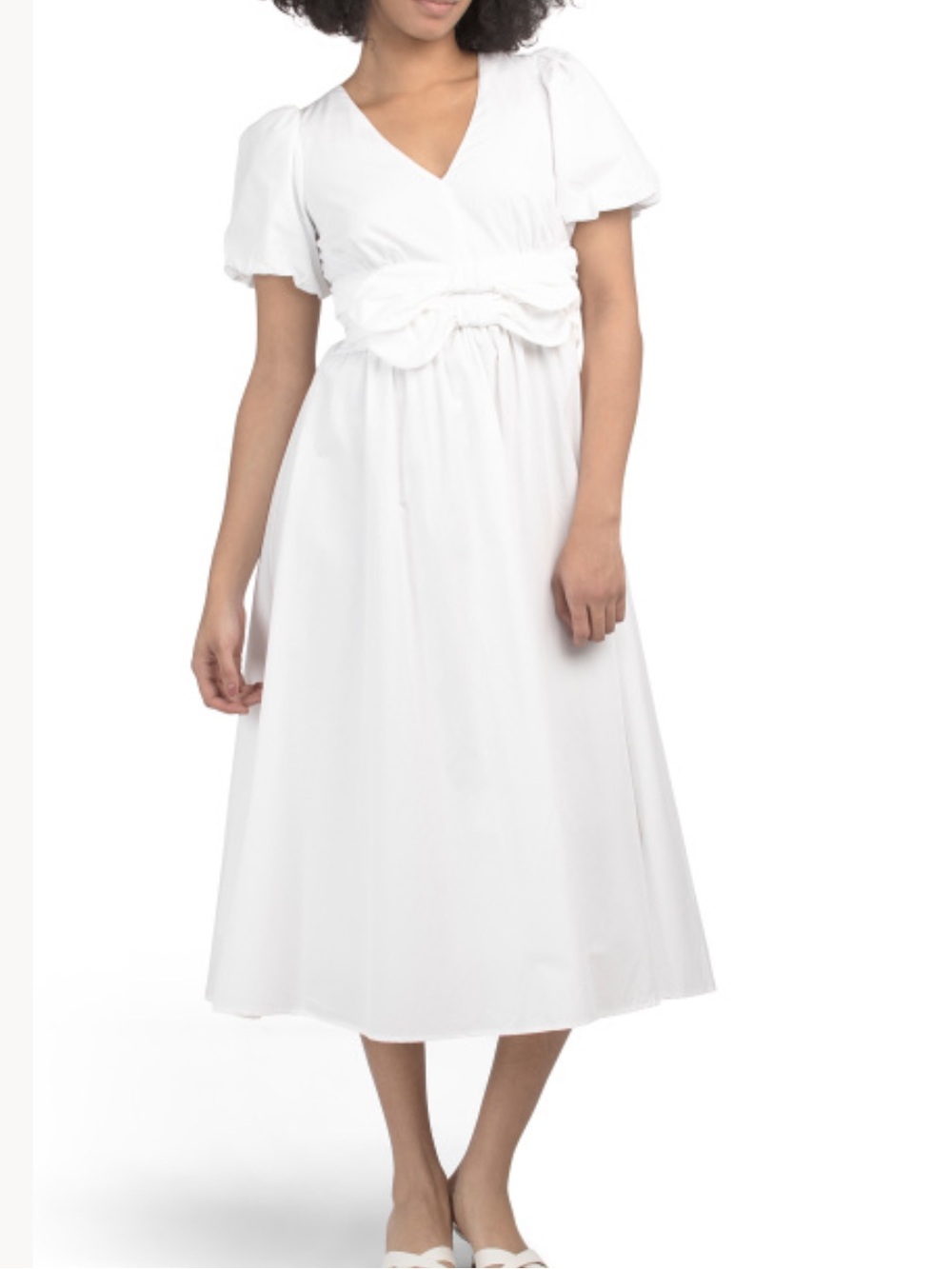 Moon River White Midi Dress with Puff Sleeves and bows